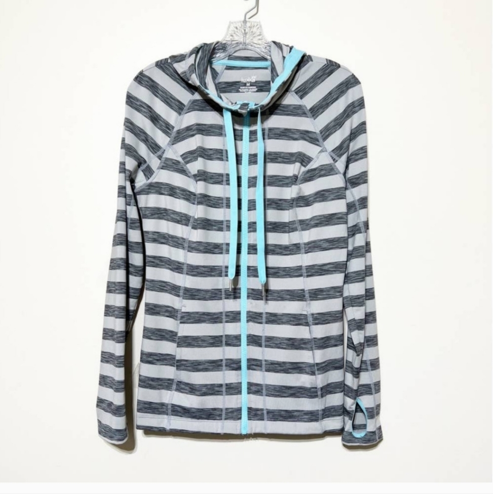 NWOT Lukka Hoodie Sweatshirt Full Zip Striped Two Tone Gray & Turquoise Size XL